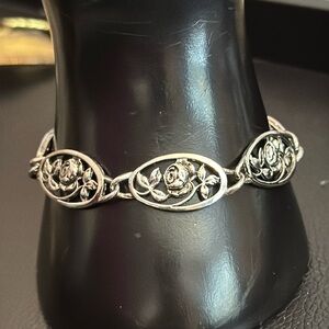 Avon Silver Tone Bracelet w Rose Open Cutwork Links